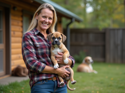 Eleveuse de chiens American Bully avec chiot dans un enclos extérieur