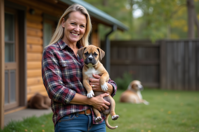 Eleveuse de chiens American Bully avec chiot dans un enclos extérieur