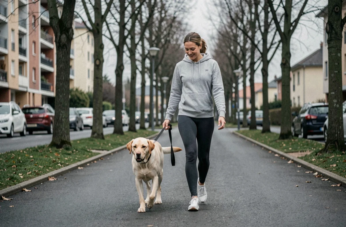 Éducatrice canine d'Entre Chiens et Lyon se promenant avec un Labrador en laisse à Décines-Charpieu