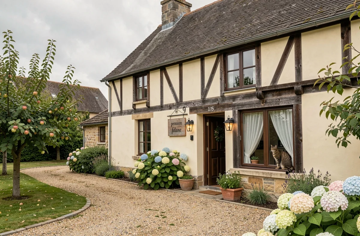 Façade extérieure d'une pension pour chats en Normandie dans une ferme à colombages traditionnelle normande