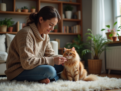 Femme caressant un chat dans un salon cosy