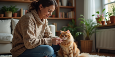 Femme caressant un chat dans un salon cosy