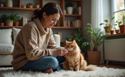 Femme caressant un chat dans un salon cosy