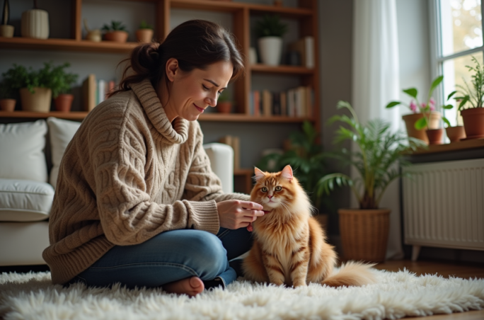 Femme caressant un chat dans un salon cosy