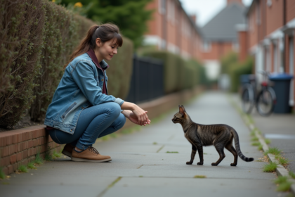 Femme en jeans tend la main à un chat errant dans un quartier résidentiel