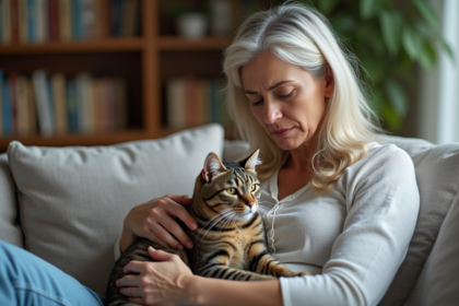 Femme d'âge moyen tenant un chat tacheté inquiet dans ses bras
