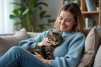 Femme en pull bleu caressant un chaton sur ses genoux