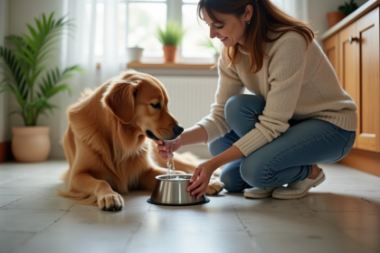 Femme en jeans et pull doux donnant à boire à un chien dans la cuisine lumineuse