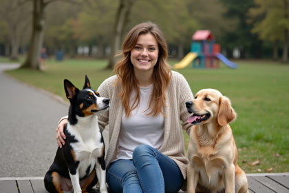 Jeune femme avec trois chiens dans un parc