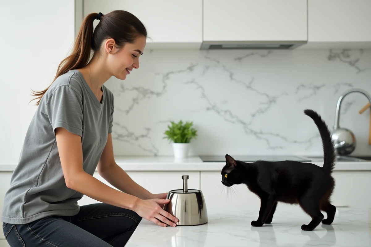 Femme observant son chat noir s'approcher d'une fontaine à eau électrique en inox sur un plan de travail de cuisine moderne