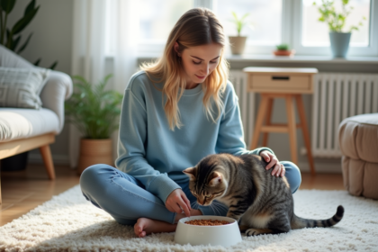 Jeune femme avec chat dans un salon moderne et lumineux