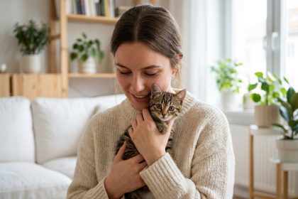 Jeune femme tenant un chaton tabby dans ses bras dans un salon scandinave, illustrant l'adoption d'un chaton et la souscription d'une assurance santé animale dès le jeune âge