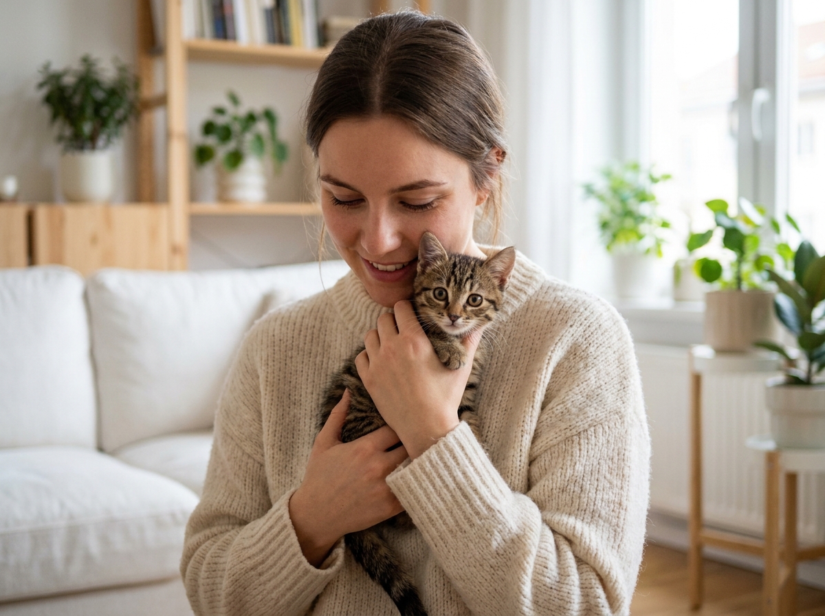 Jeune femme tenant un chaton tabby dans ses bras dans un salon scandinave, illustrant l'adoption d'un chaton et la souscription d'une assurance santé animale dès le jeune âge