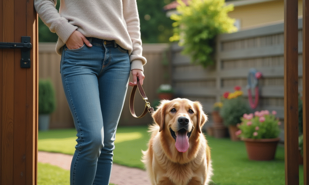 Femme avec chien golden retriever devant portail de jardin