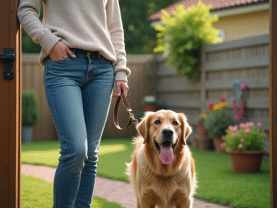 Femme avec chien golden retriever devant portail de jardin