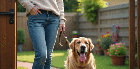 Femme avec chien golden retriever devant portail de jardin