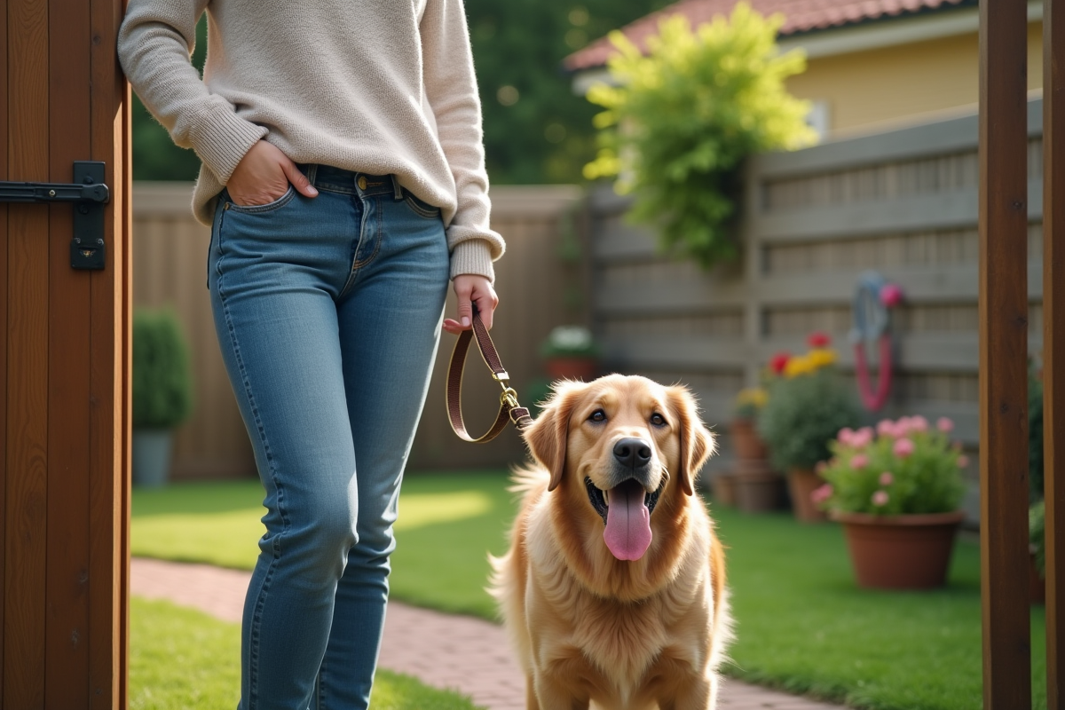 Femme avec chien golden retriever devant portail de jardin