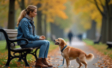 Femme assise sur un banc avec son chien dans un parc automnal