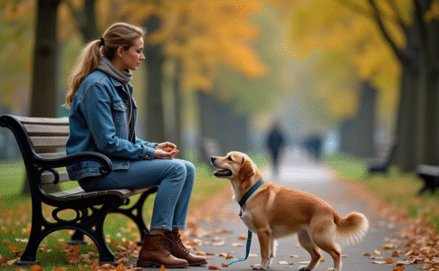 Femme assise sur un banc avec son chien dans un parc automnal