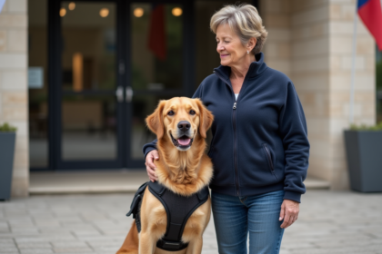 Femme avec chien de service devant mairie française