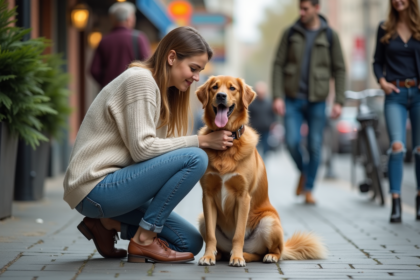 Jeune femme avec son chien en ville lors d'une promenade