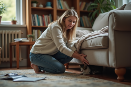 Femme en jeans et pull examine un canapé avec curiosite