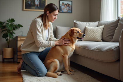 Femme réconfortant son chien anxieux dans le salon