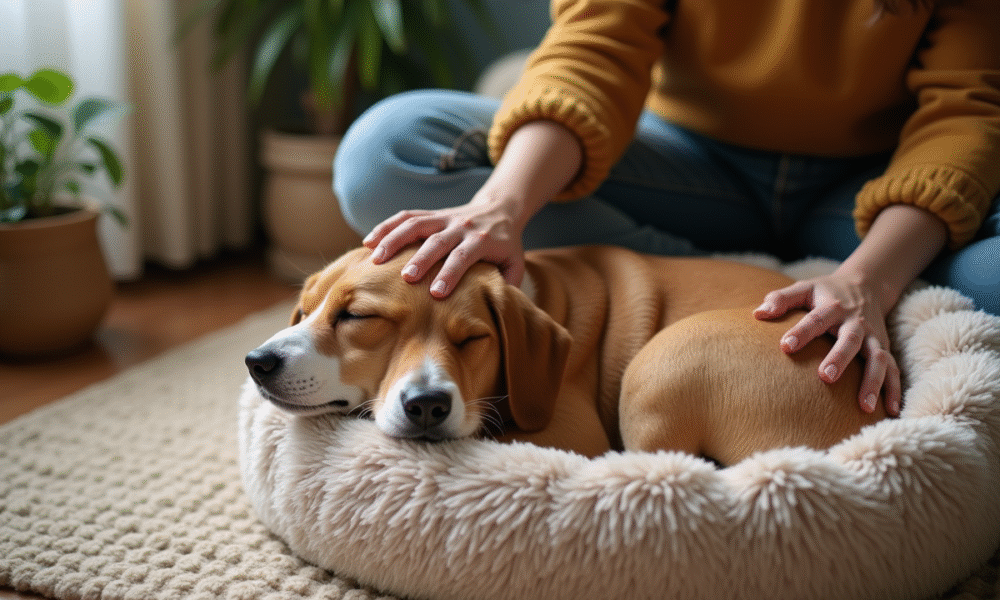 Femme et chien endormi dans un salon chaleureux