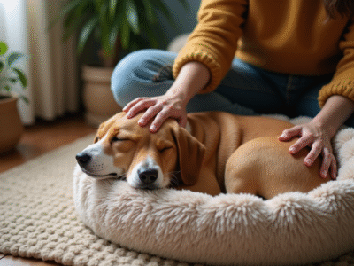 Femme et chien endormi dans un salon chaleureux