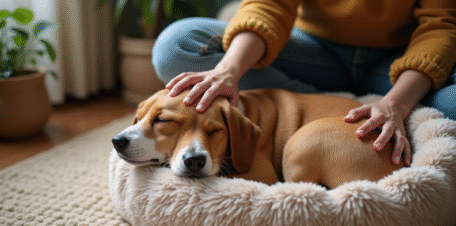 Femme et chien endormi dans un salon chaleureux