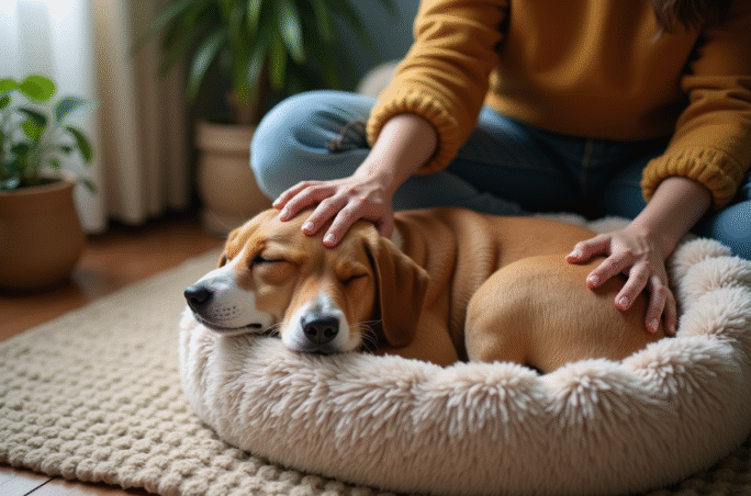 Femme et chien endormi dans un salon chaleureux