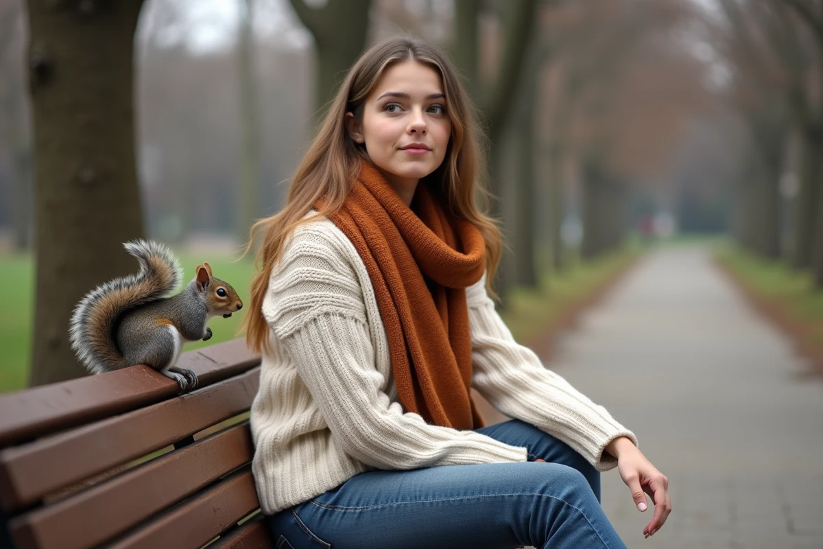 Femme surprise par un écureuil dans un parc urbain, représentant la loi de l'attraction et les signes de l'univers