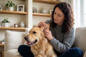 Femme examinant son golden retriever sur un canapé, illustration de l'assurance santé pour chien