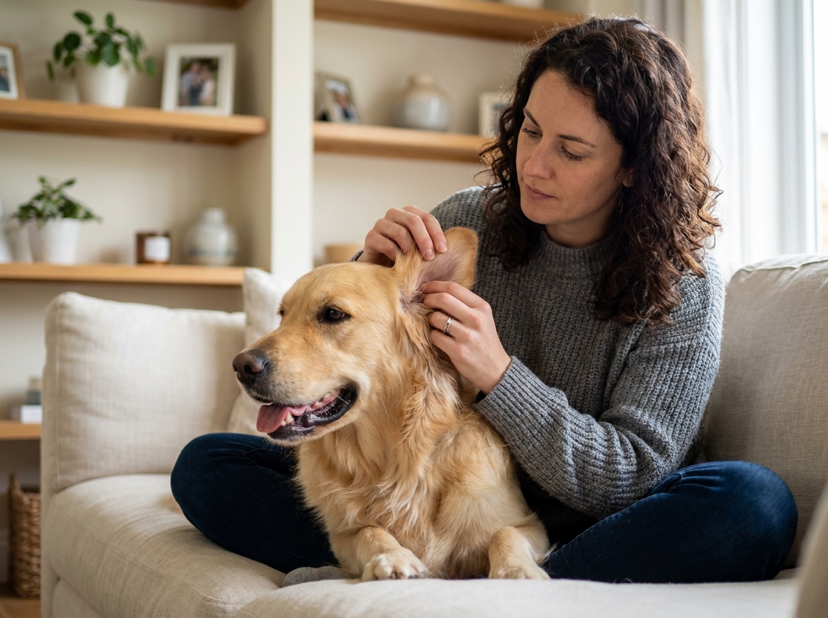Femme examinant son golden retriever sur un canapé, illustration de l'assurance santé pour chien