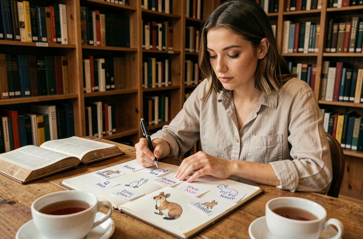 Jeune femme étudiant des fiches mnémotechniques sur les animaux dont le nom commence par Q dans une bibliothèque
