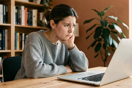 Femme frustrée devant son ordinateur portable incapable d'accéder au tchat de Cheri FM