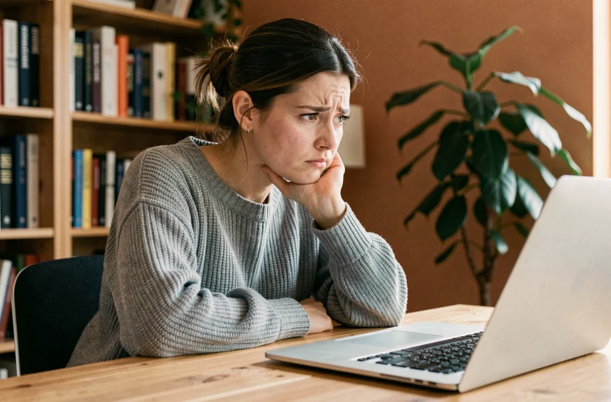 Femme frustrée devant son ordinateur portable incapable d'accéder au tchat de Cheri FM