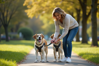 Femme attachant un harnais à son chien dans un parc
