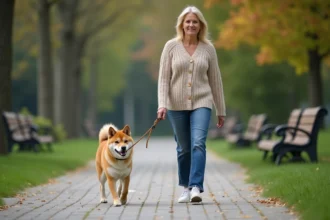 Femme en jeans et pull marche avec son Shiba Inu dans un parc urbain