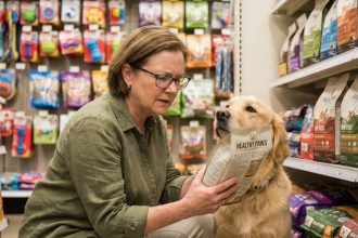Femme lisant attentivement l'étiquette d'un sac de croquettes pour chien dans un magasin animalier, avec son golden retriever assis à ses côtés