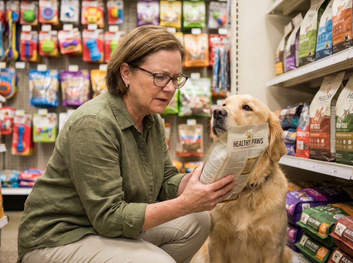 Femme lisant attentivement l'étiquette d'un sac de croquettes pour chien dans un magasin animalier, avec son golden retriever assis à ses côtés