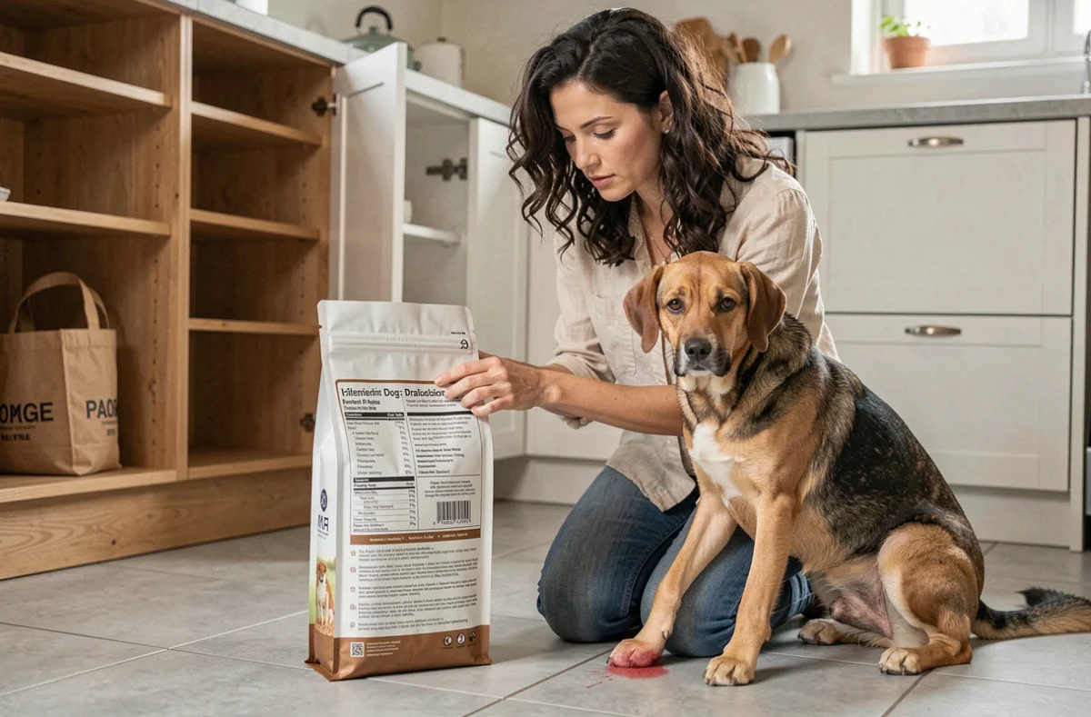 Femme lisant les ingrédients d'un sac de croquettes ultra premium pour son chien allergique dans une cuisine moderne