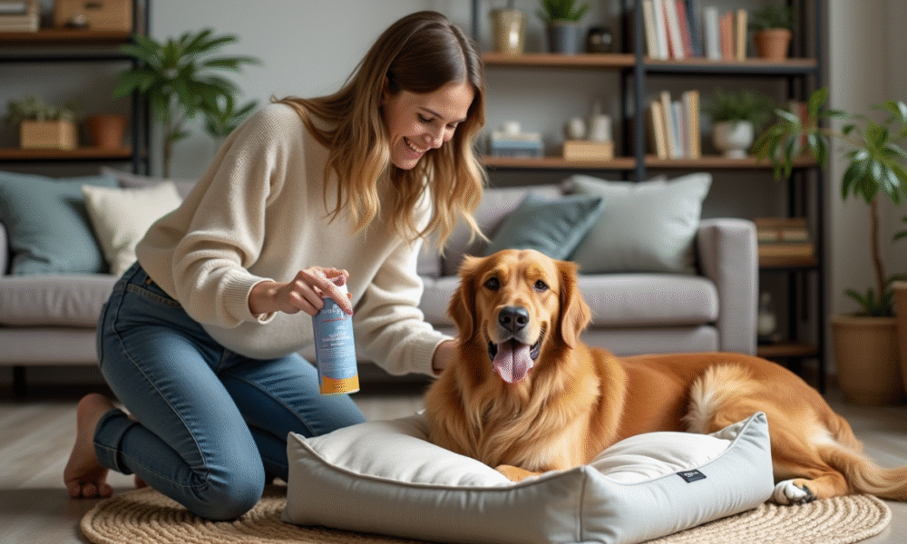 Jeune femme nettoyant un lit pour chien avec un spray