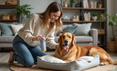 Jeune femme nettoyant un lit pour chien avec un spray