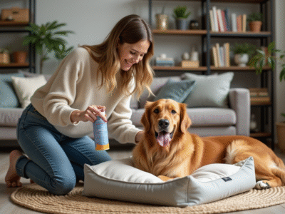 Jeune femme nettoyant un lit pour chien avec un spray