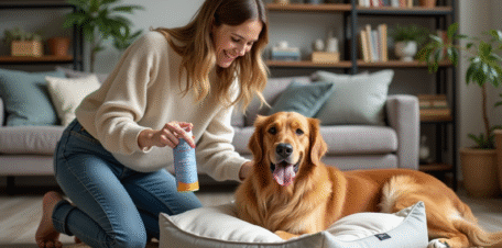 Jeune femme nettoyant un lit pour chien avec un spray
