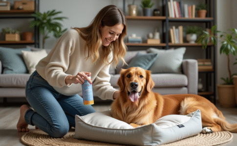 Jeune femme nettoyant un lit pour chien avec un spray