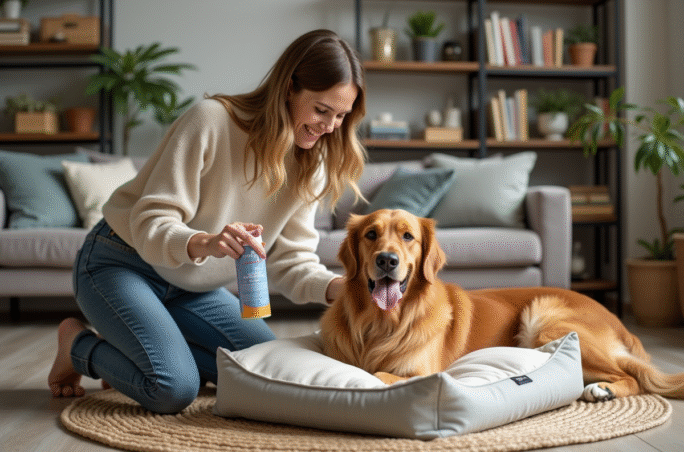 Jeune femme nettoyant un lit pour chien avec un spray