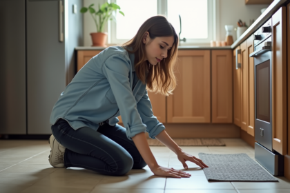Jeune femme nettoyant une cuisine moderne et lumineuse