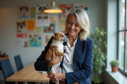 Femme en blazer bleu et chien sauvé dans un refuge